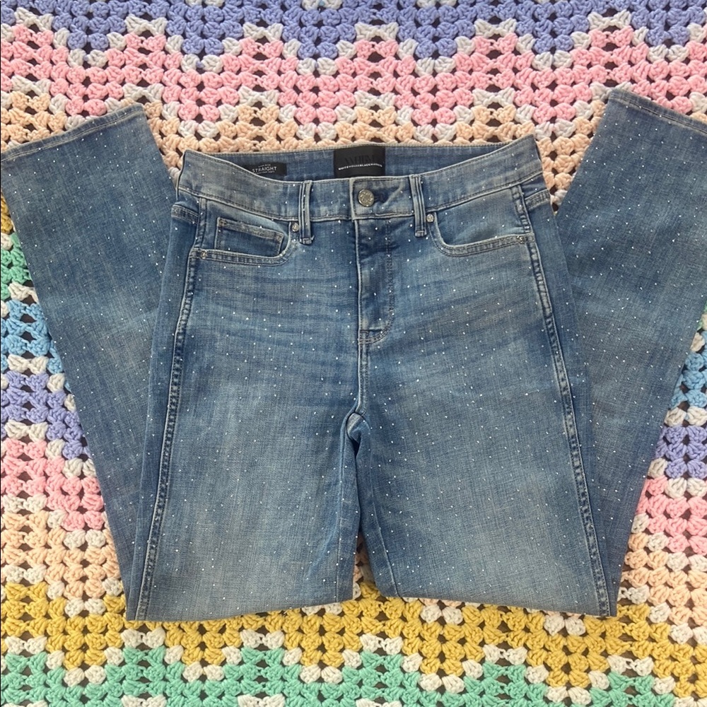 WHBM Crystal Sparkle High Rise Straight Everyday Soft Denim Jeans Sz 4 Stretch